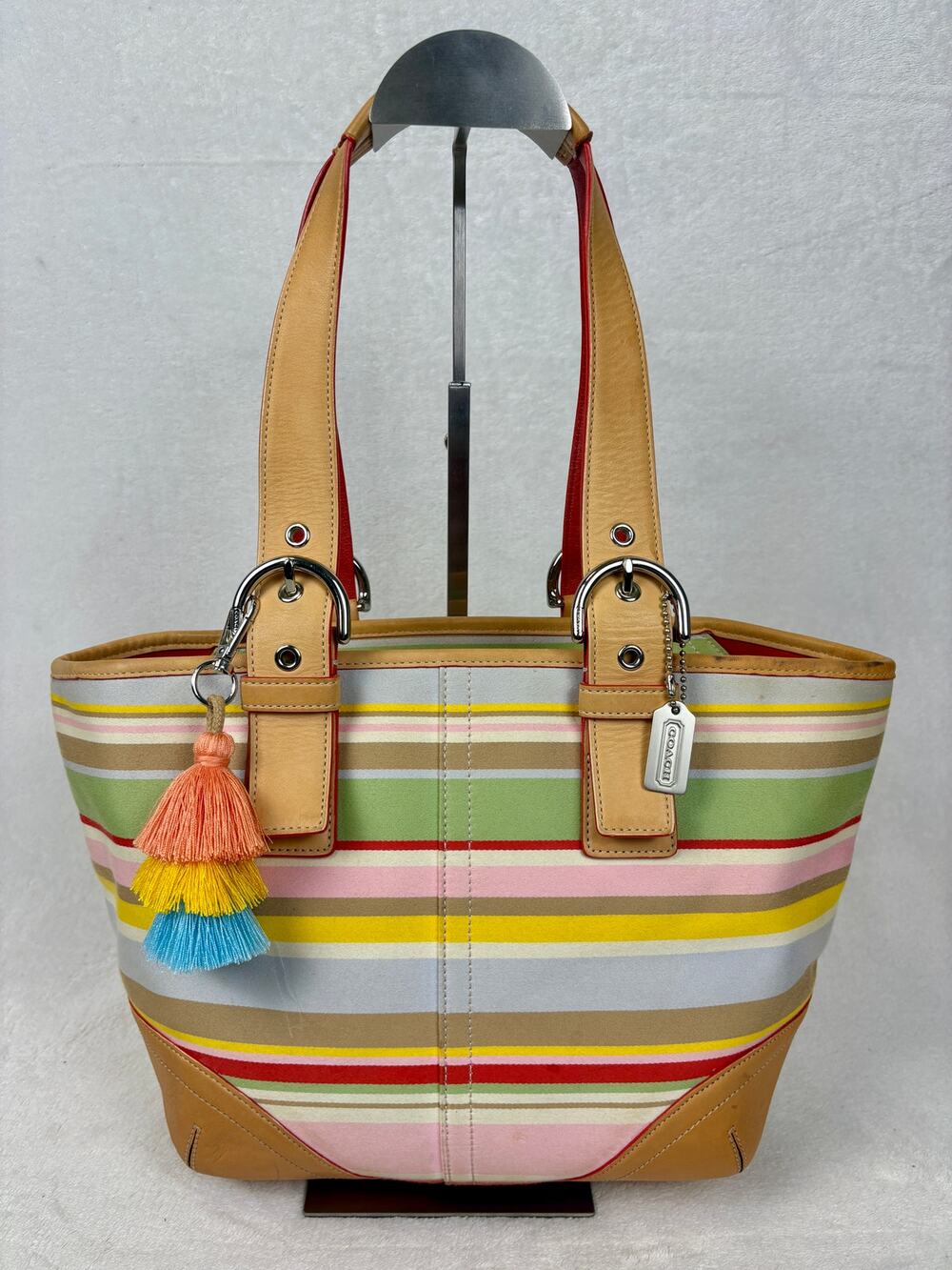 Coach Y2K Hamptons Daisy Stripe Tote with Tan Vachetta Leather Trim and Charm